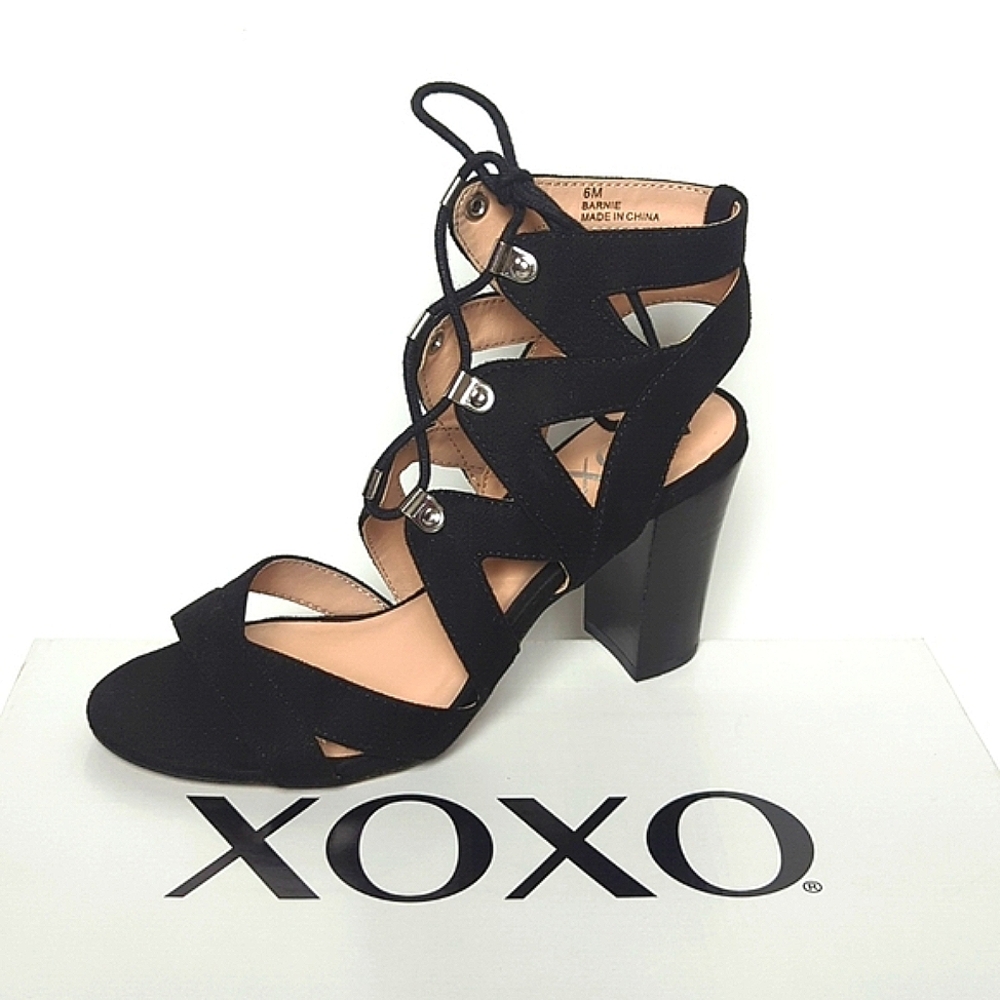 3/$20 XOXO Black Suede Lace Up Cage Heels Balta Size 6